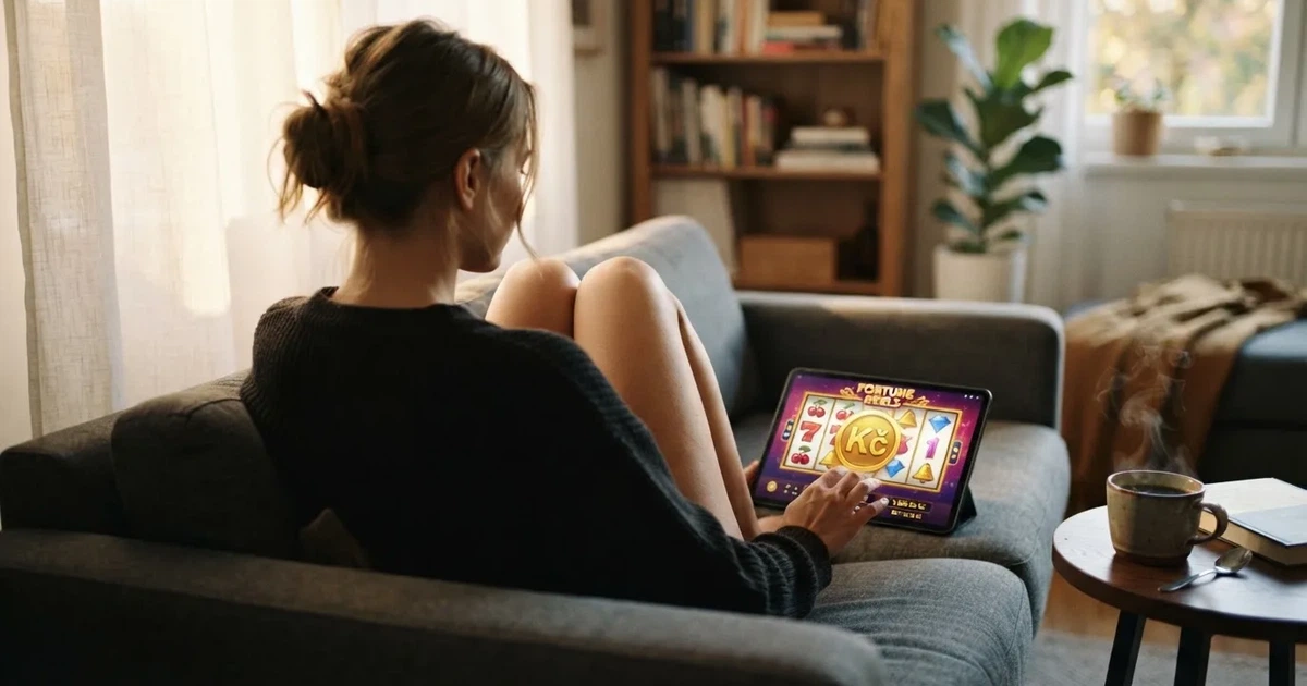 Hráč na gauči s tabletem, šálek kávy na stolku, teplé světlo — 30, 50, 100, 150 free spinů bez vkladu