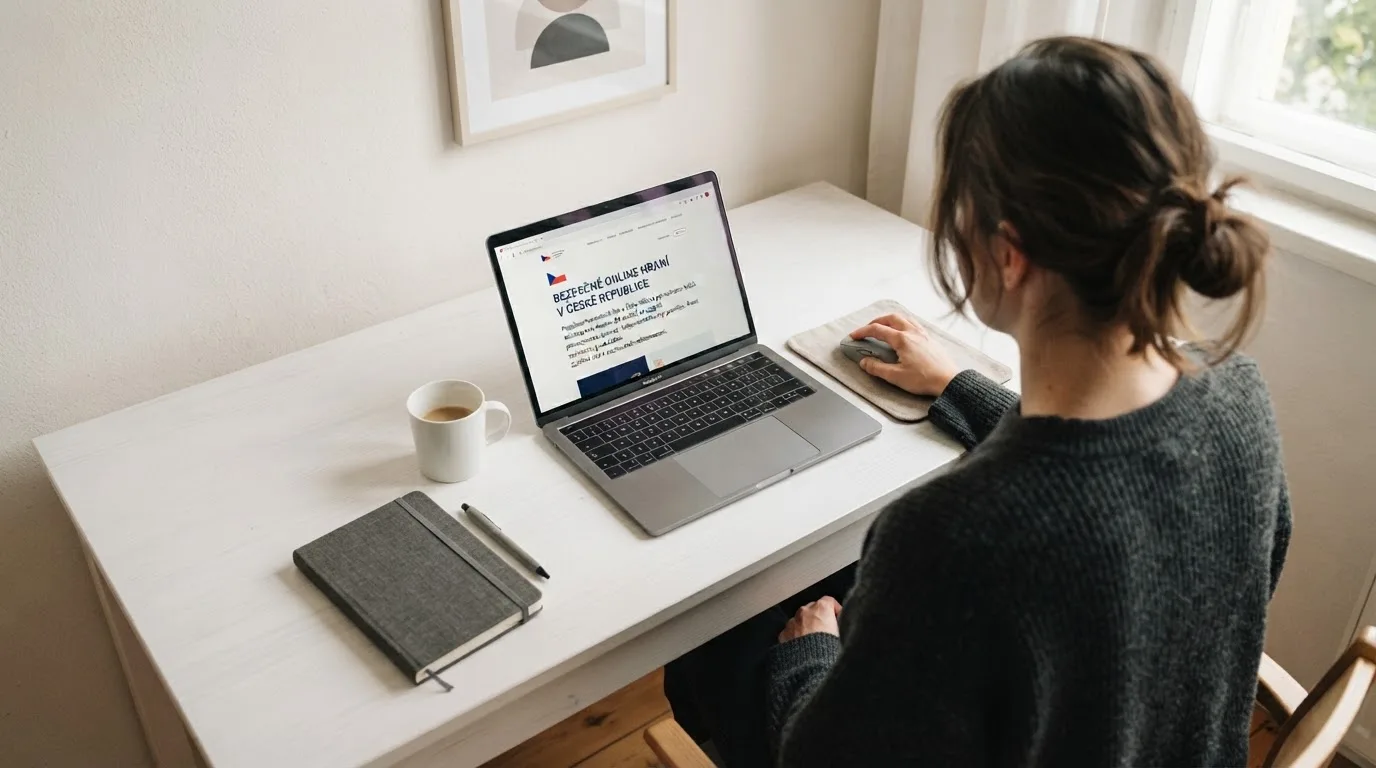 Člověk u notebooku čte informační stránku o online hazardu v Česku — 30, 50, 100, 150 free spinů bez vkladu
