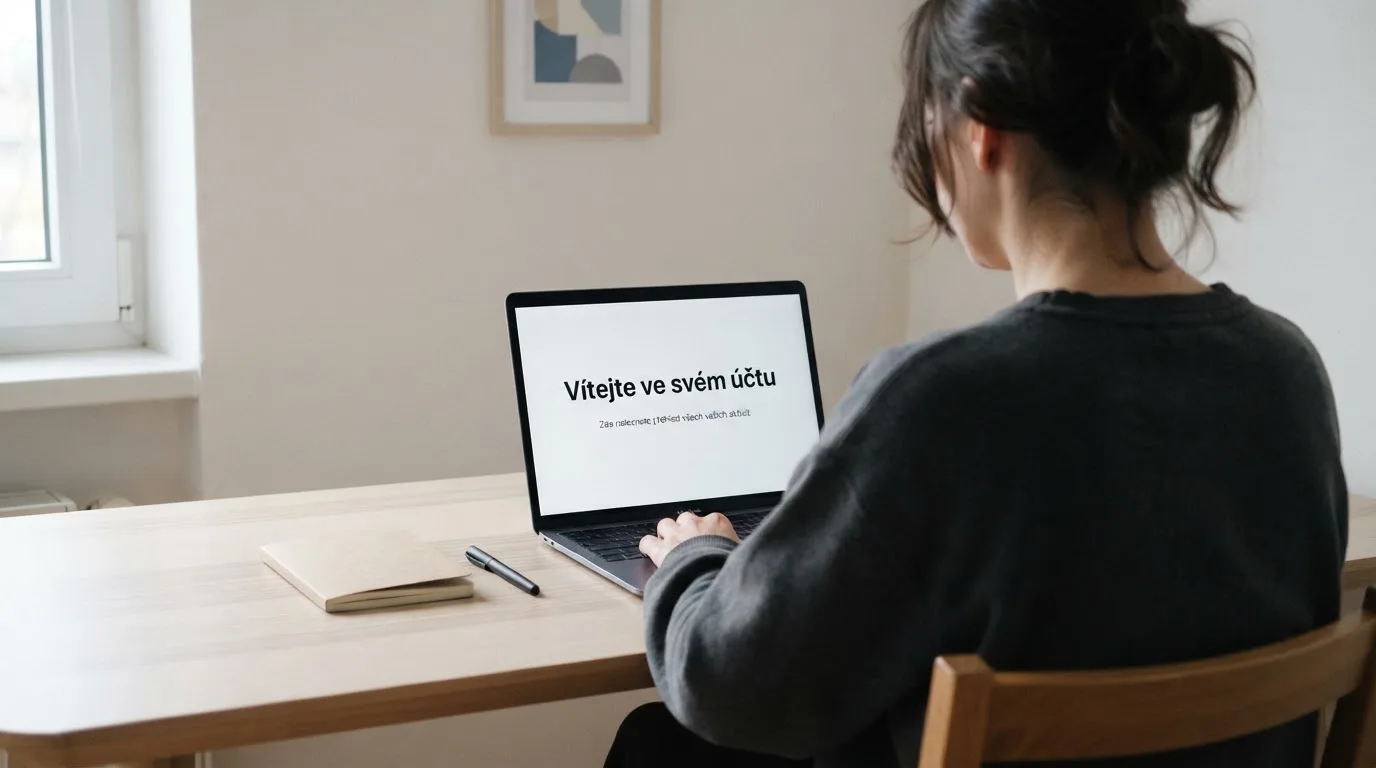 Člověk u notebooku čte informační stránku o online hazardu v Česku — 50, 100, 150, 200 free spins za první vklad