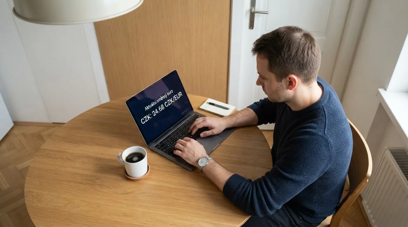 Muž u kuchyňského stolu s notebookem a hrnkem kávy soustředěně sleduje obrazovku.