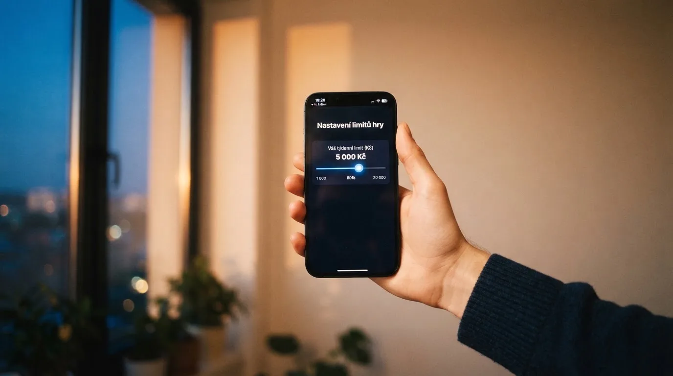 Ruka drží chytrý telefon u okna, klidné večerní světlo — bezpečné zahraniční casino pro české hráče