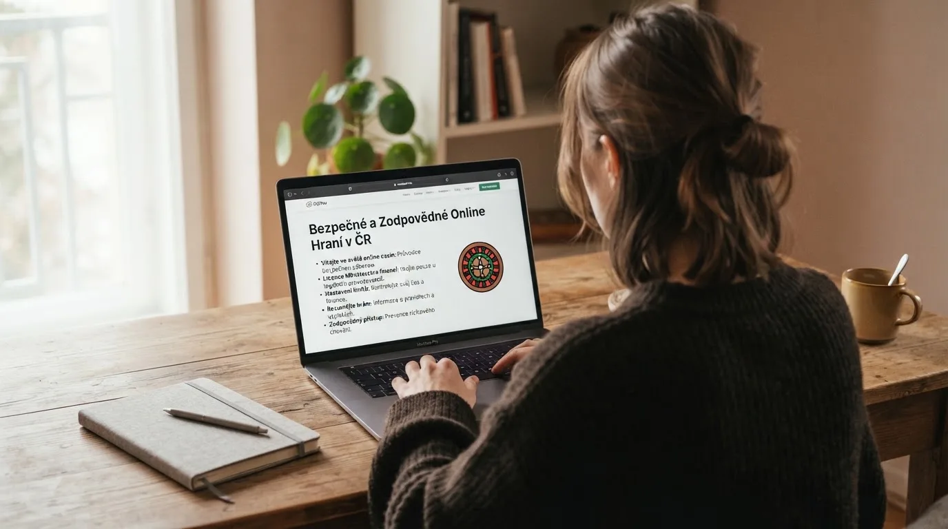 Člověk u notebooku čte informační stránku o online hazardu v Česku — bezpečné zahraniční casino pro české hráče