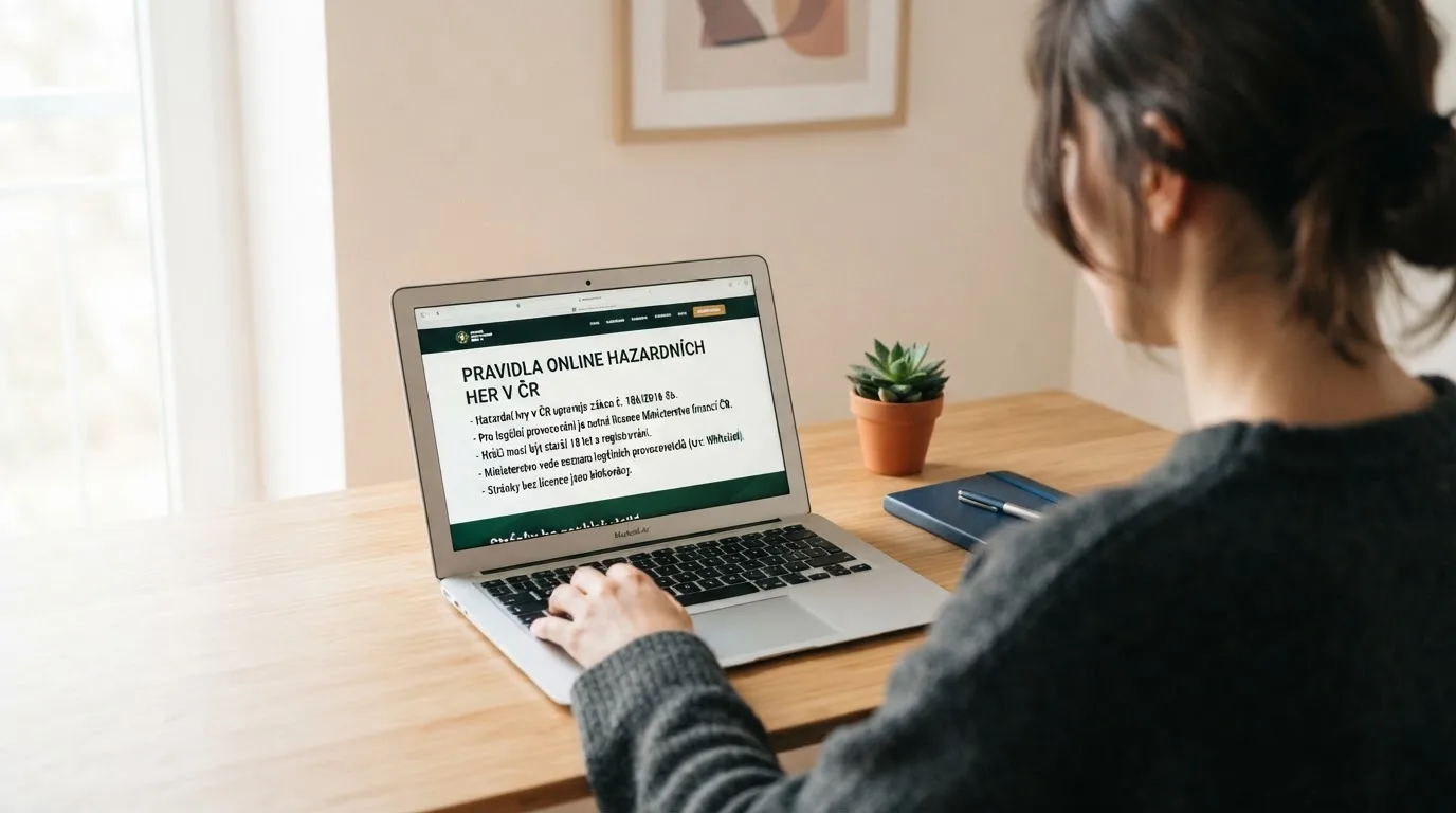 Člověk u notebooku čte informační stránku o online hazardu v Česku — bonus za založení účtu casino