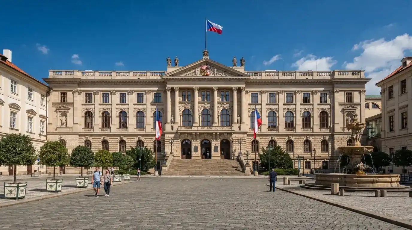 Historická úřední budova s vlajkami na slunečném náměstí — casina bez nutnosti vkladu s bonusem