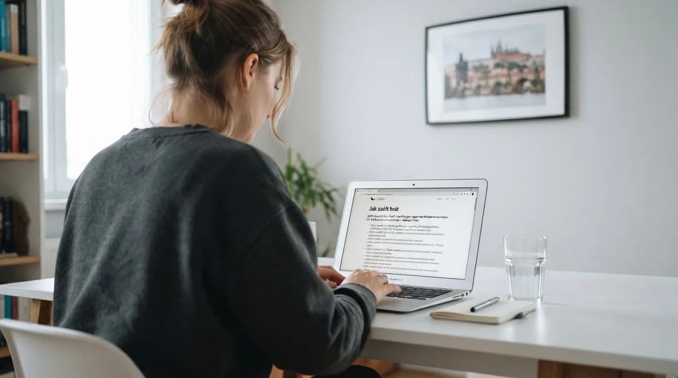 Člověk u notebooku čte informační stránku o online hazardu v Česku — casina bez nutnosti vkladu s bonusem