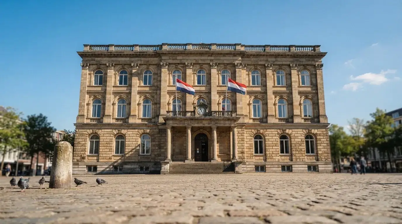 Historická úřední budova s vlajkami na slunečném náměstí — casina online bez ověření totožnosti