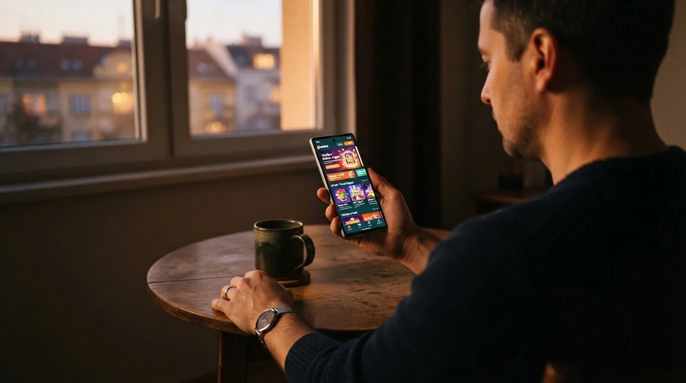 Muž sedí u stolu a poprvé otevírá aplikaci na chytrém telefonu v podvečer.