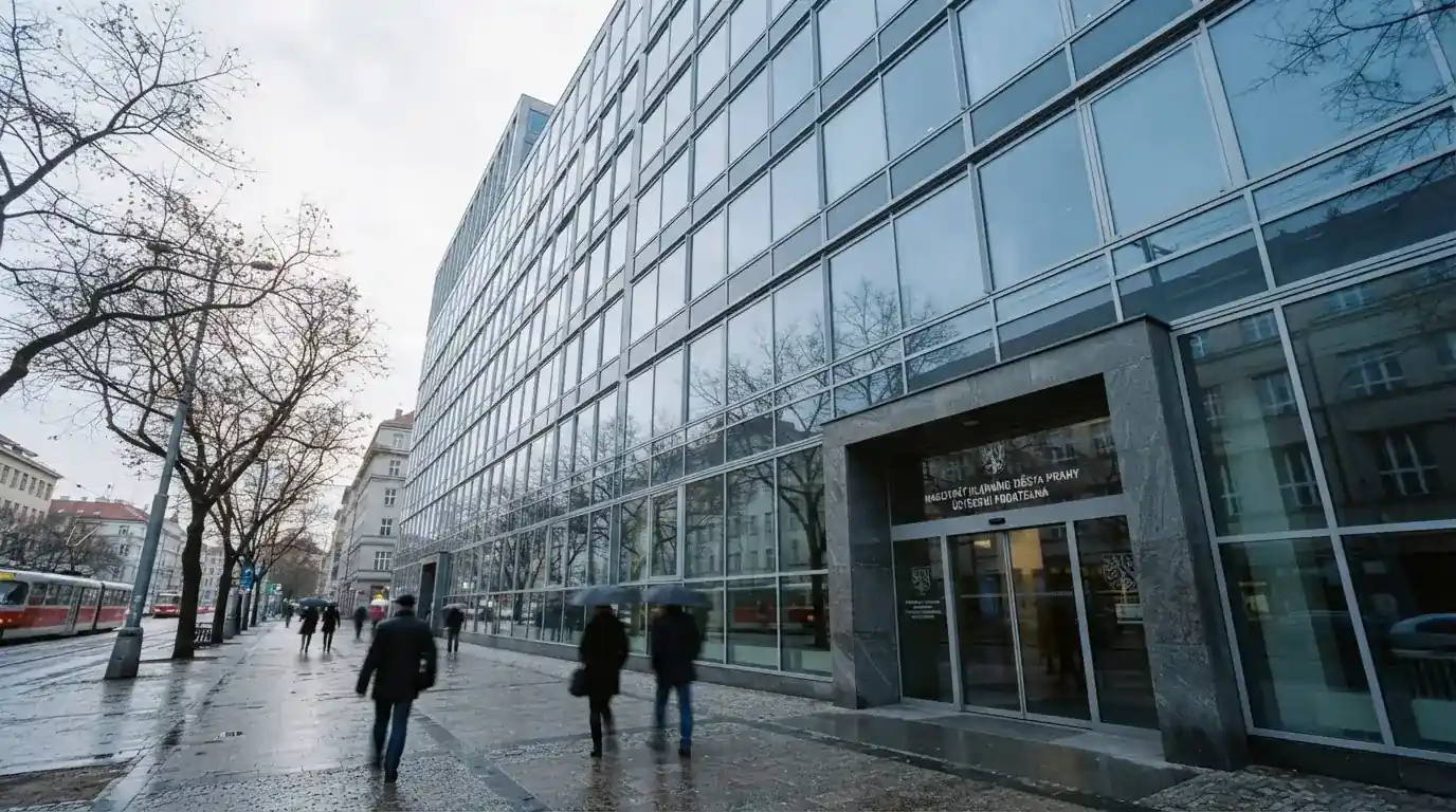 Fasáda moderní administrativní budovy s skleněnými okny odráží ranní oblohu nad rušnou pražskou ulicí.