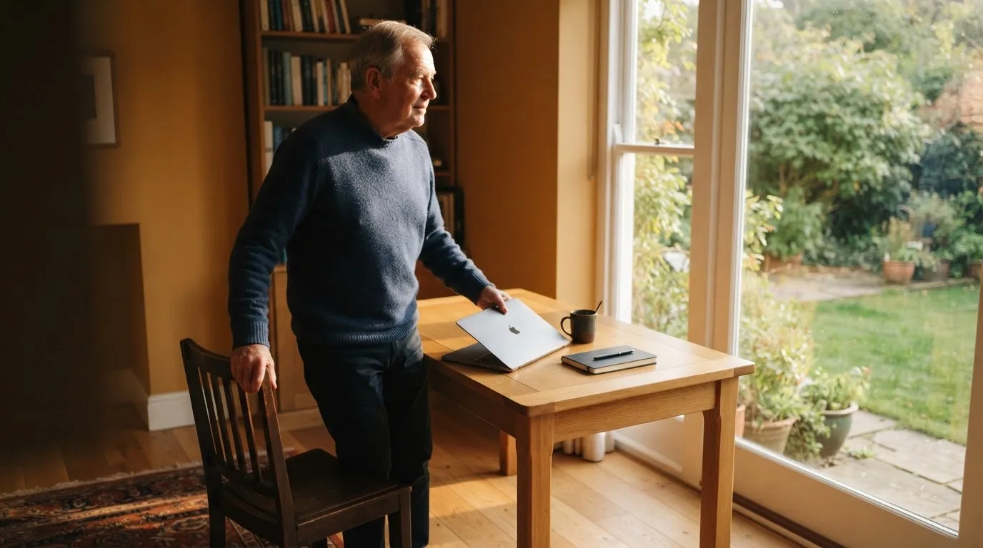 Starší muž zavírá notebook a odchází od pracovního stolu směrem k oknu s výhledem do zahrady.