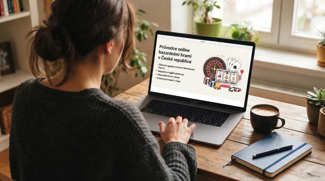 Člověk u notebooku čte informační stránku o online hazardu v Česku — casino minimální vklad 100 kč