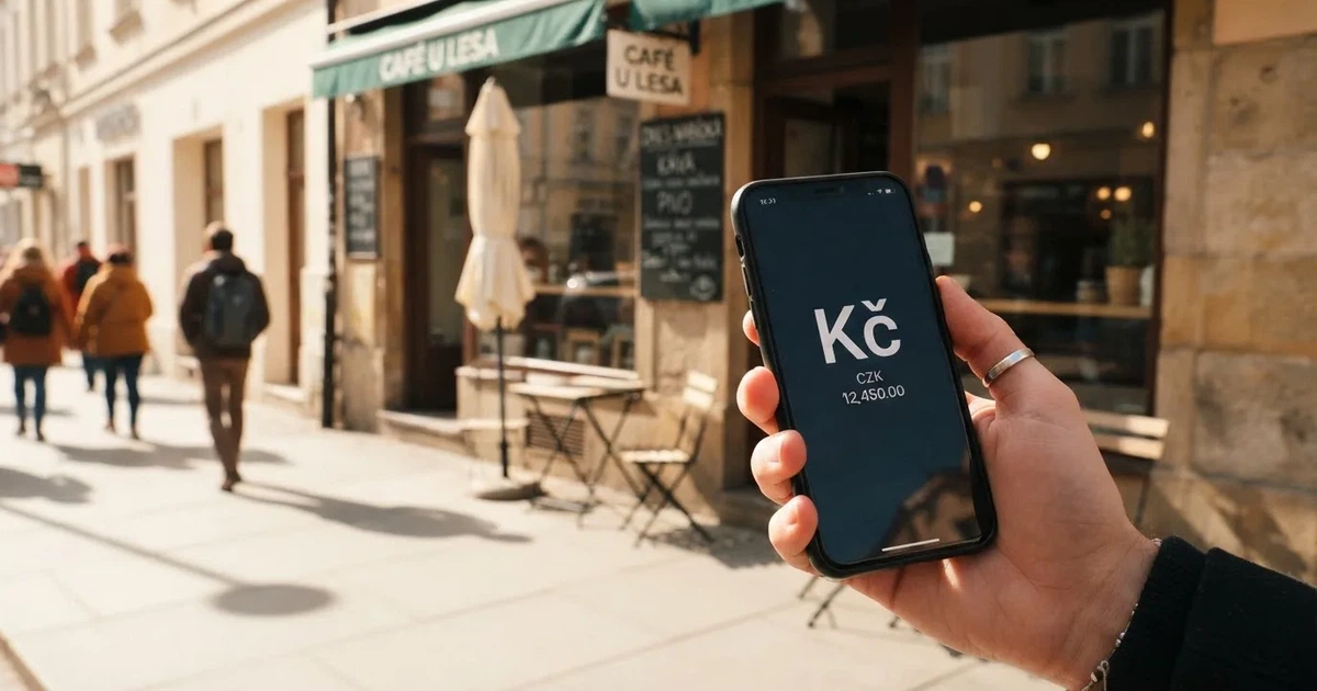 Ruka odesílá platbu mobilním bankovnictvím na chodníku před kavárnou v poledním slunci.