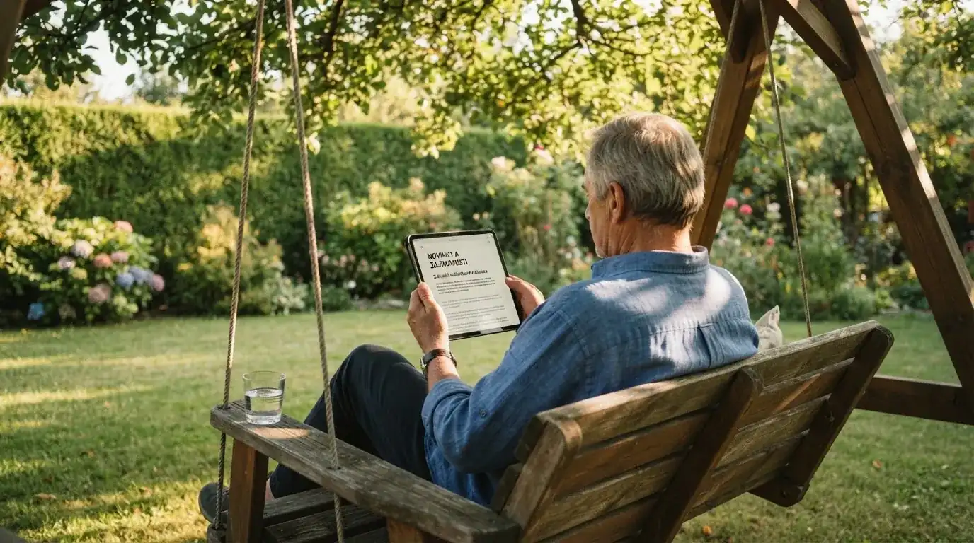 Starší muž si čte na tabletu v zahradní houpačce za slunečného odpoledne.
