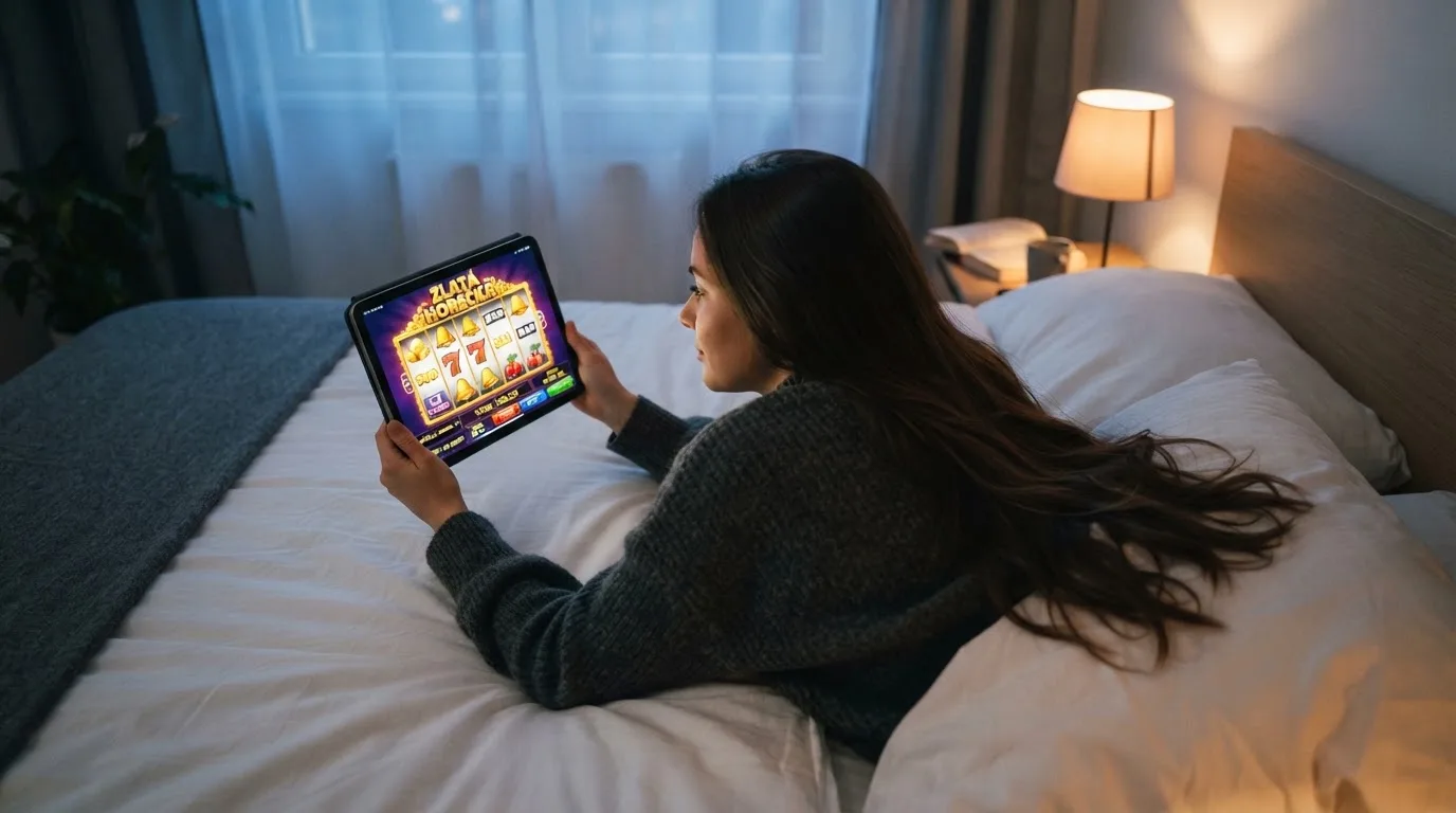 Mladá žena leží na posteli a prohlíží si aplikaci na tabletu za soumraku v ložnici.