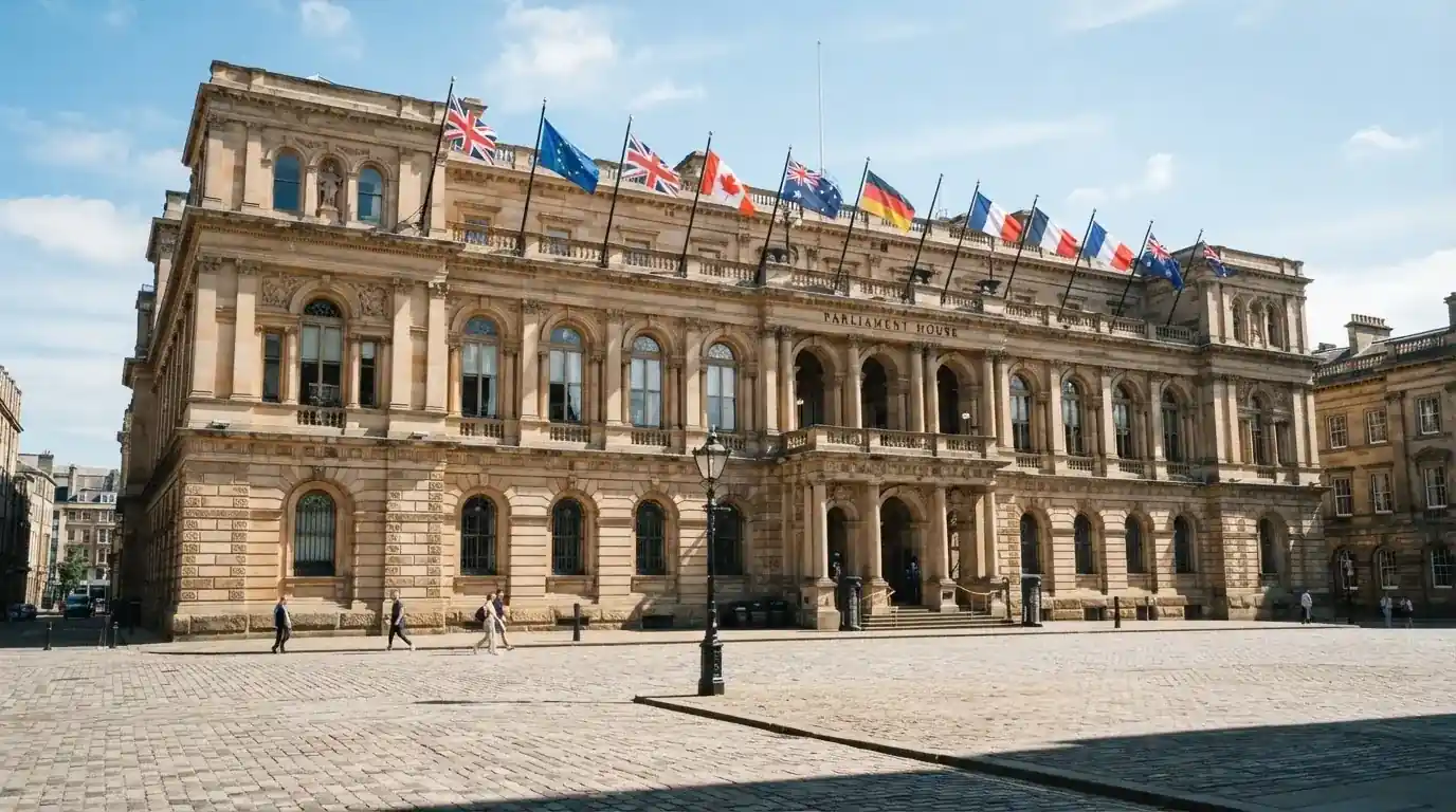 Historická úřední budova s vlajkami na slunečném náměstí — casino okamžitý výběr