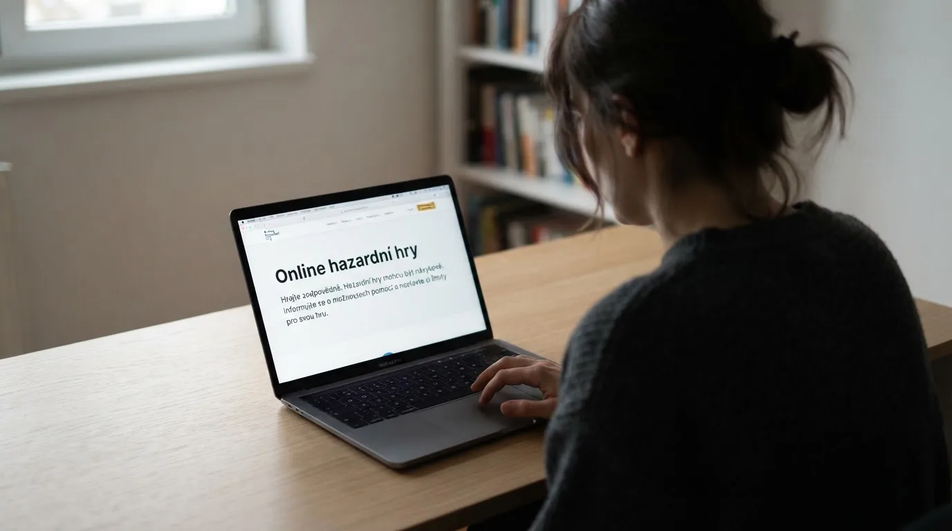 Člověk u notebooku čte informační stránku o online hazardu v Česku — casino platba paysafecard