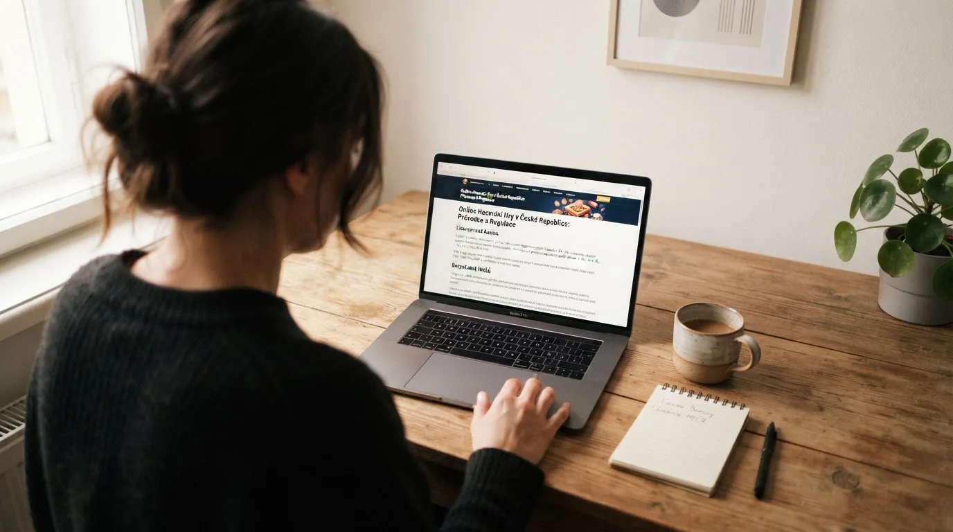Člověk u notebooku čte informační stránku o online hazardu v Česku — hrací automaty hrací automaty zdarma online