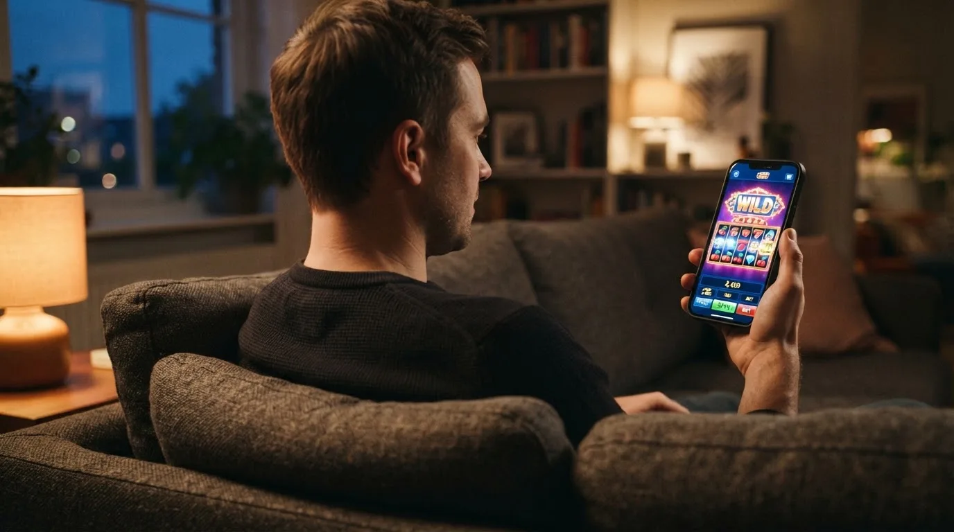 Muž sedí na gauči a poprvé otevírá aplikaci na chytrém telefonu večer.