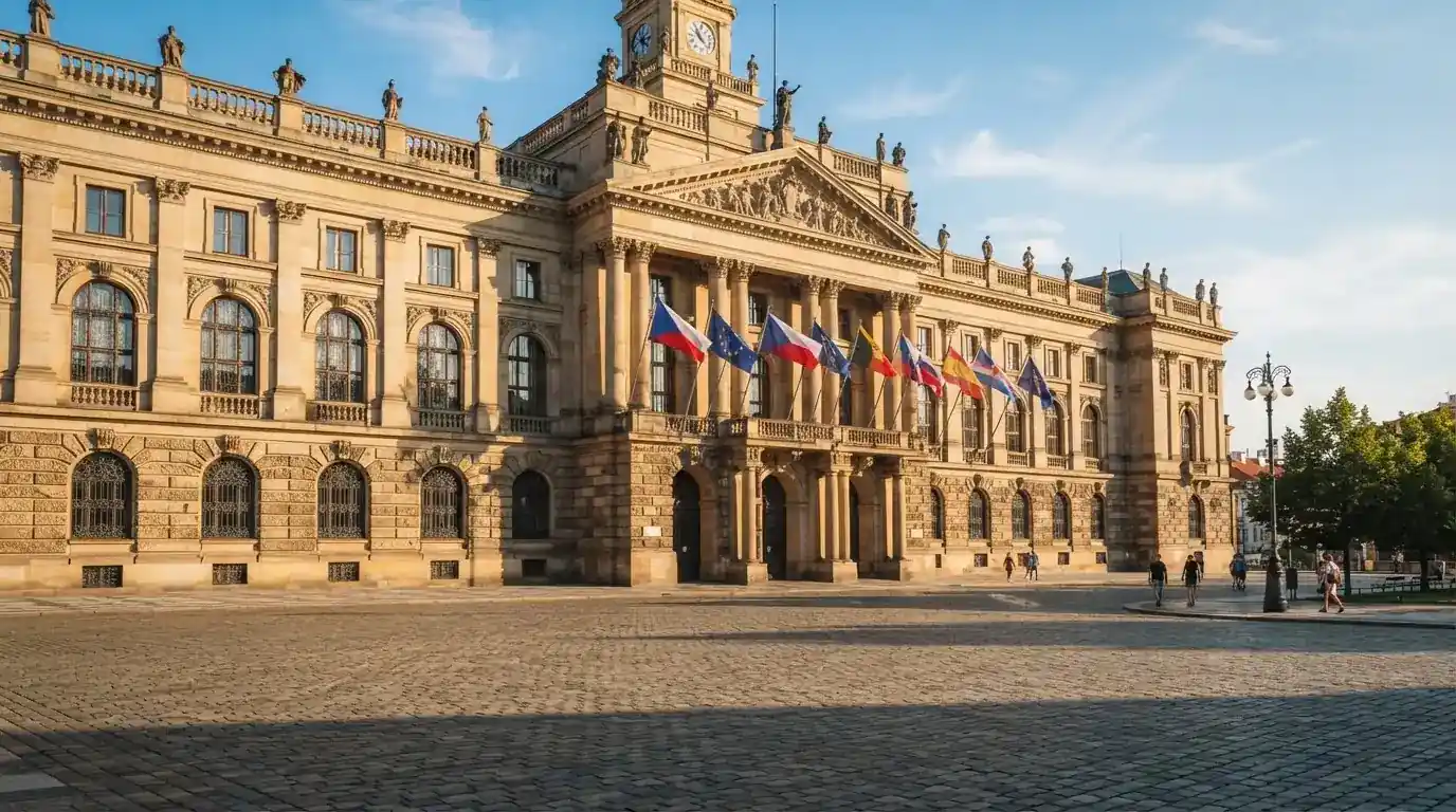Historická úřední budova s vlajkami na slunečném náměstí — nejlepší automaty online za peníze