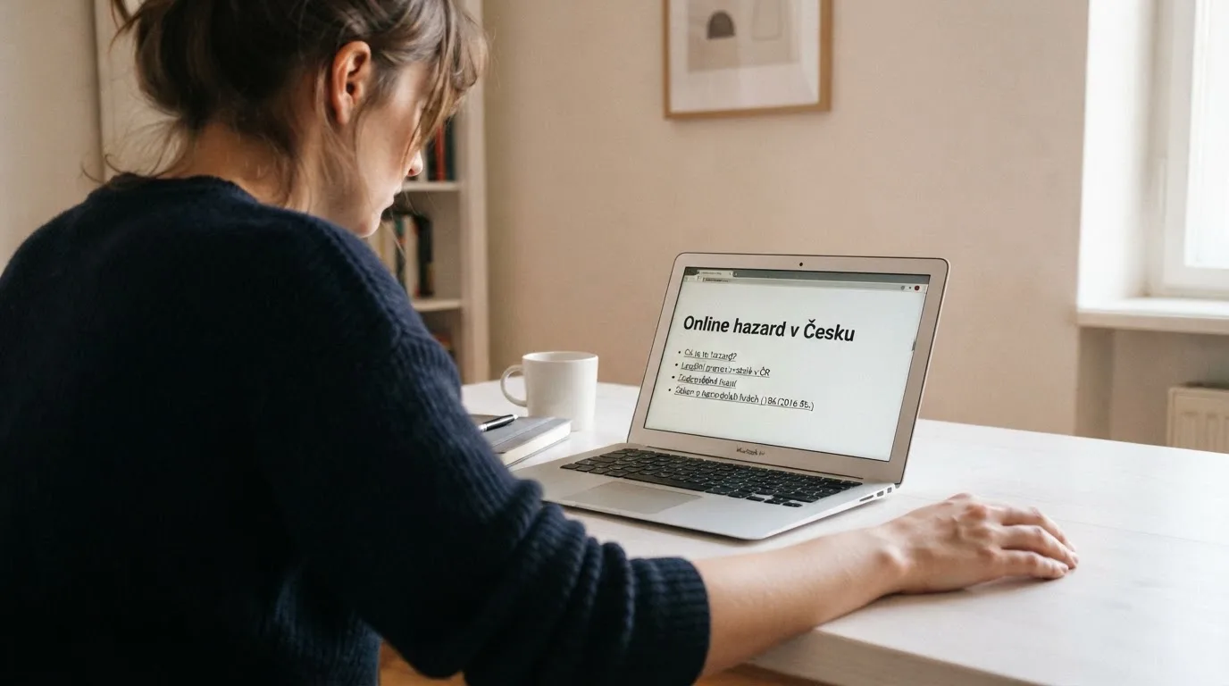 Člověk u notebooku čte informační stránku o online hazardu v Česku — nejlepší krypto casino pro české hráče