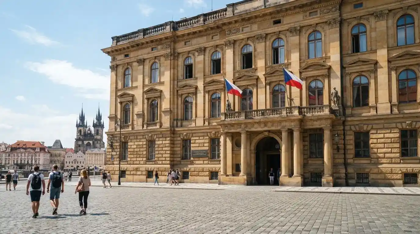 Historická úřední budova s vlajkami na slunečném náměstí — nejlepší mobilní online kasino česká republika