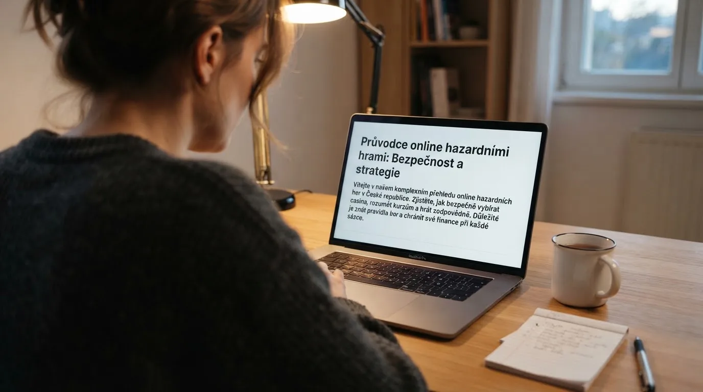 Člověk u notebooku čte informační stránku o online hazardu v Česku — nejlepší online casino CZ