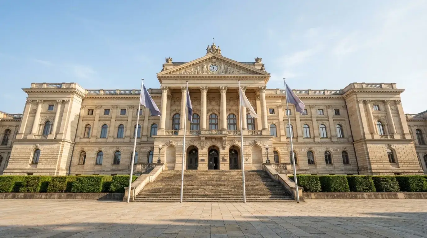 Historická úřední budova s vlajkami na slunečném náměstí — nejlepší online casino za peníze
